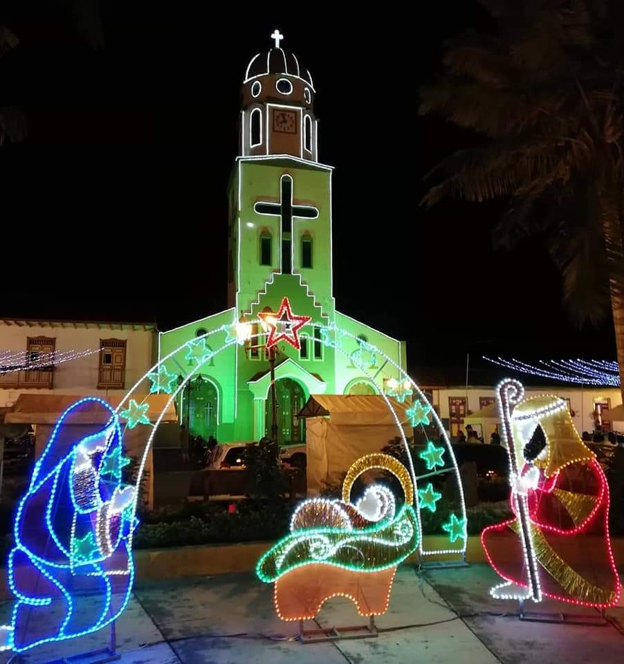 Church lit up for Christmas, Salento, Colombia