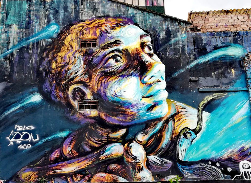 Moving graffiti image in Bogota, Colombia