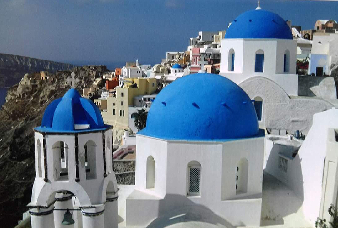 blue roofs in Santorini