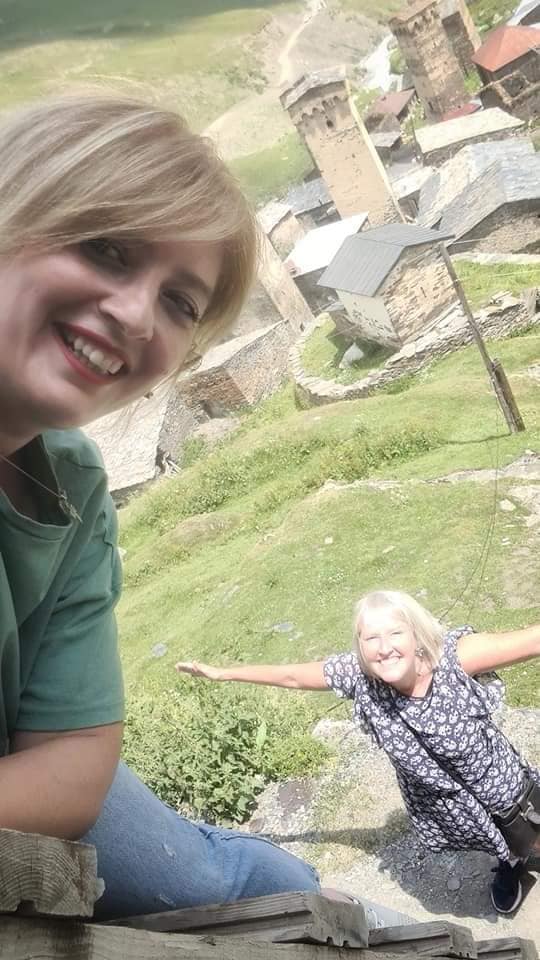 Sophie on top of a tower in Ushguli, Svaneti