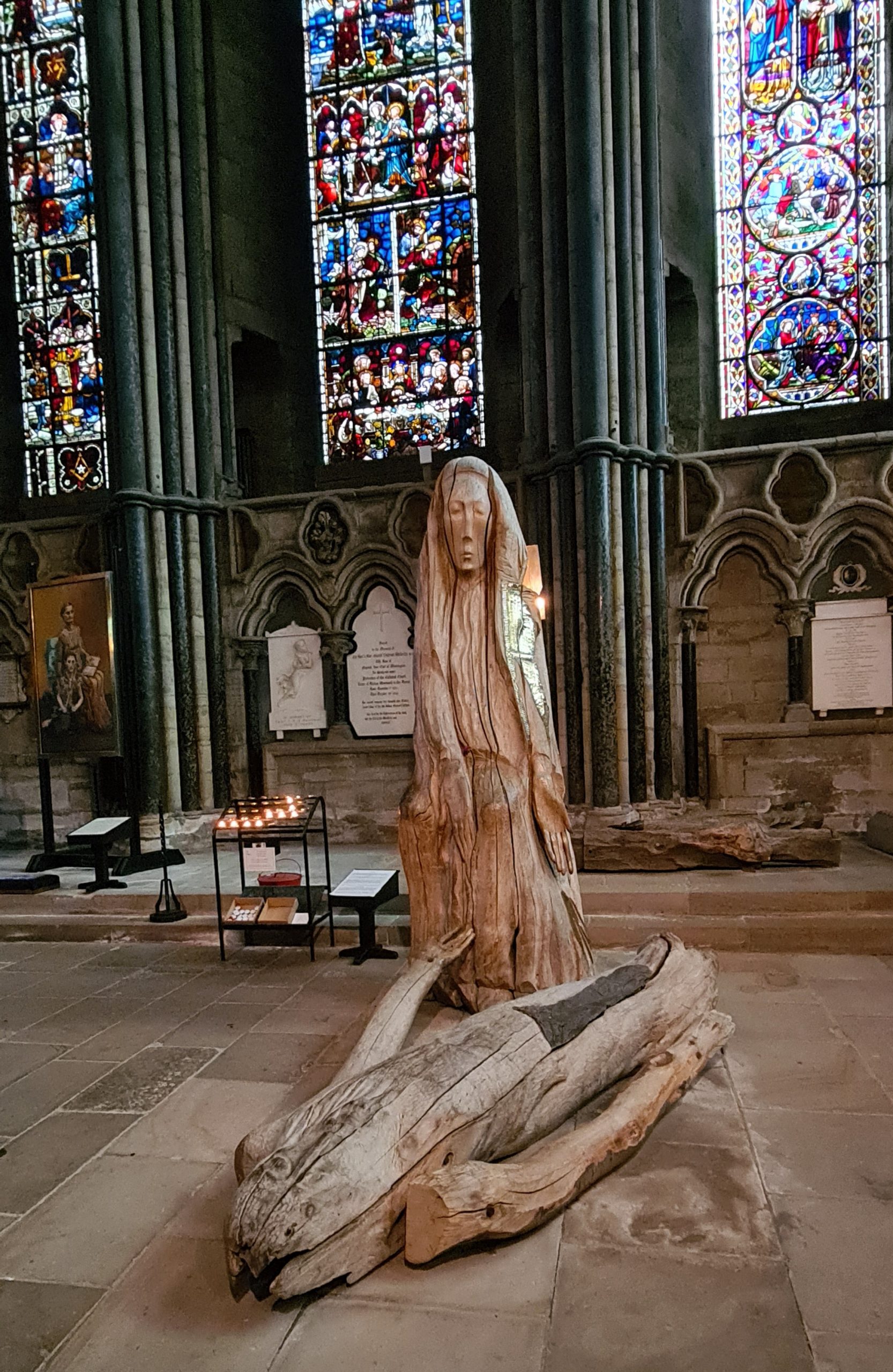 Carving and stained glass at Durham cathedral U.K.
