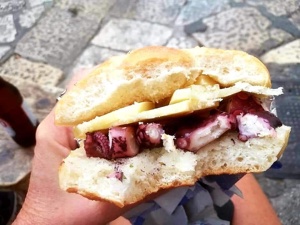 An octopus and cheese sandwich in Ostuni, Puglia, Italy