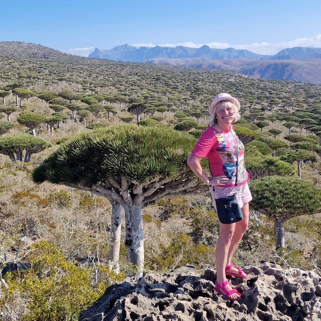 Me with a forest of Dragon Blood trees in Socotra